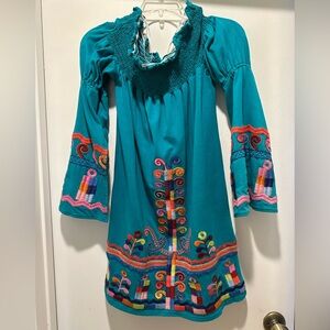 Vava by Joy Han Turquoise Off Shoulder Dress with Multicolor Embroidery Size S